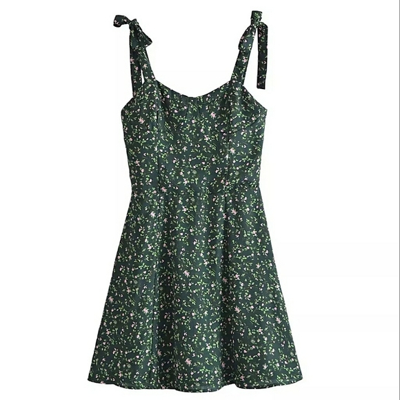 Green Floral Sweetheart Neck Chiffon Dress with Ribbon Straps - Picture 5 of 16